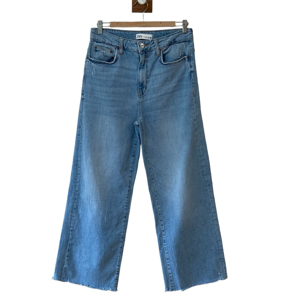 Zara Wide Leg Raw Hem Light Blue Wash Jeans